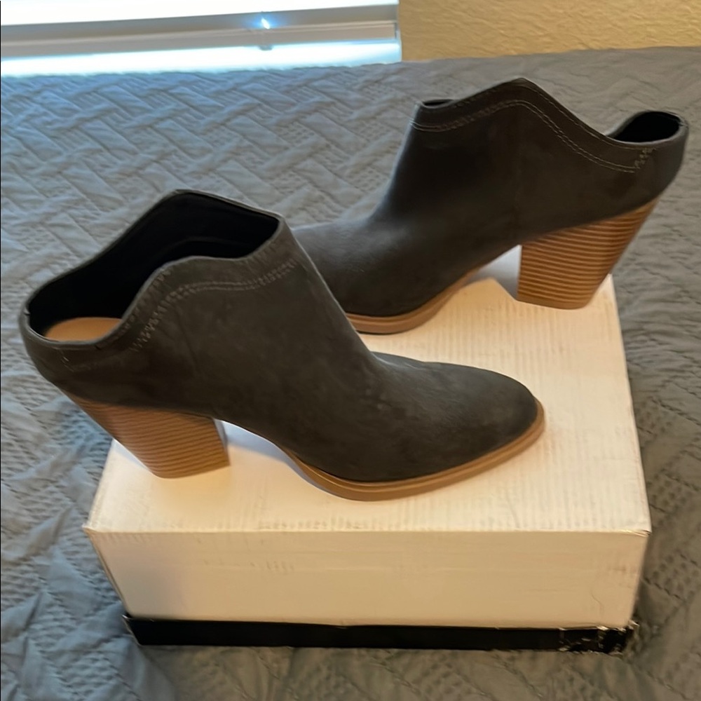 Charcoal Gray Suede Ankle Booties with Stacked Heel